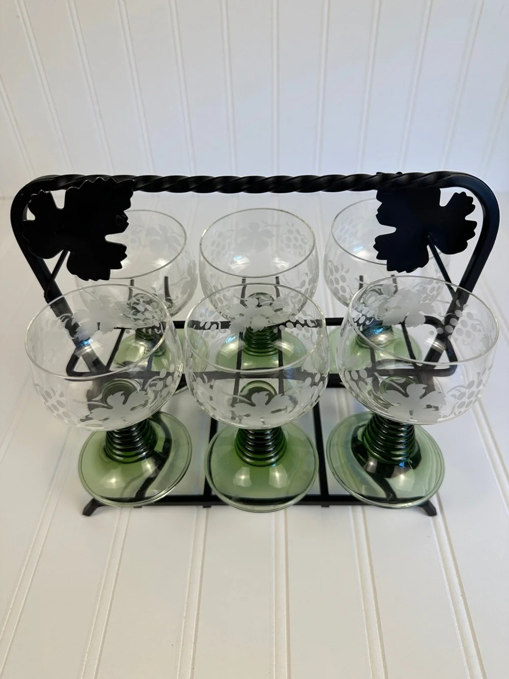 Vintage Roemer Green Beehive Stem Wine Glasses Set of 6 with Wrought Iron Caddy